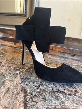 Black Suede Pointed-Toe Stiletto with Oversized Bow Ankle Strap